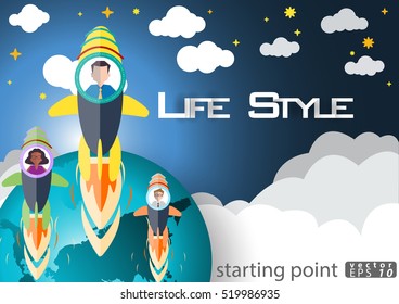Rockets of Businessman Success modern design Idea and Concept Vector illustration with World map,flat design.