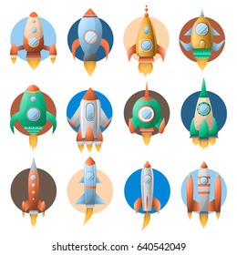 Rockets in circles colorful flat vector poster on white