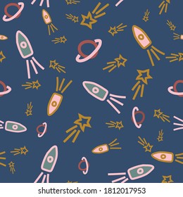 Rockets, comets, and planets seamless vector pattern. Doodle surface print design for fabrics, stationery, scrapbook paper, gift wrap, and packaging.