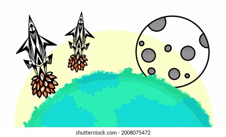 rockets coming out of a planet orbiting near a moon, simple futuristic space illustration, vector illustration isolated on white background