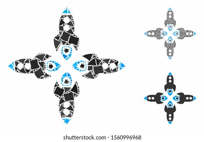 Rockets composition of raggy parts in variable sizes and color tones, based on rockets icon. Vector rugged parts are grouped into collage. Rockets icons collage with dotted pattern.