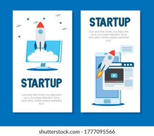 rockets in computer and smartphone design, Start up plan idea strategy and marketing theme Vector illustration