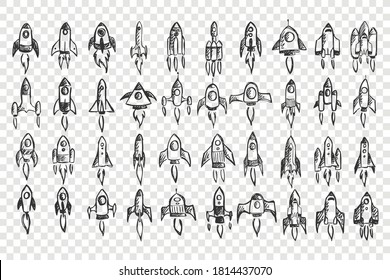 Rockets doodle set. Collection of hand drawn pencil sketches template patterns of spaceships in cosmos on transparent background. Illustration of business startup and creative thinking.