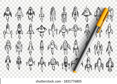 Juego de doodles de cohetes. Colección de dibujos a mano de lápiz esboza patrones de plantilla de naves espaciales en el cosmos sobre fondo transparente. Ilustración de la creación de empresas y el pensamiento creativo.