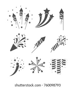 rockets and fireworks bursting set in grayscale silhouette over white background