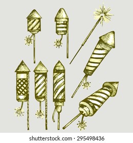 Rockets fireworks and sparkler. Vector Image