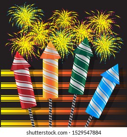 Rockets fireworks with stripes and flashes of stars on a black isolated background. Vector image. esp 10