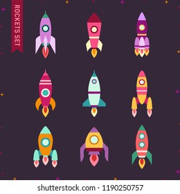 Rockets flat style icon set. Clean and simple design.