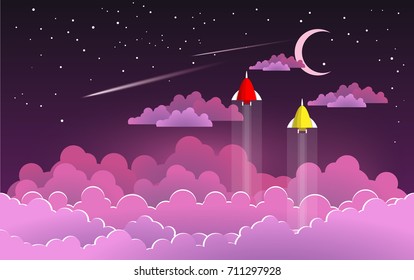 rockets fly across clouds with beautiful scenery at night. paper art design