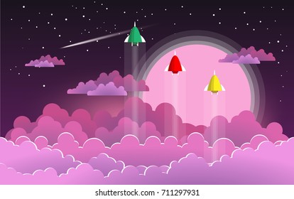 rockets fly across clouds with beautiful scenery at night. paper art design