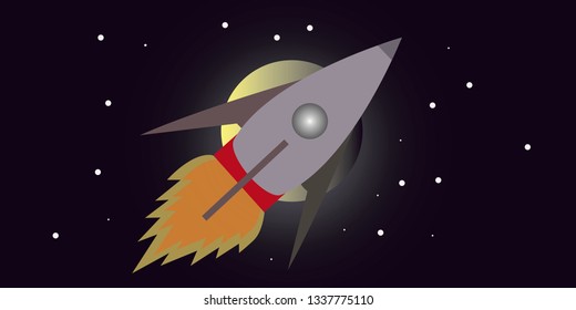 
Rockets Fly In Space Past The Moon and Stars. Vector Illustration