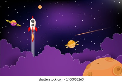 rockets fly in space with planets and clouds