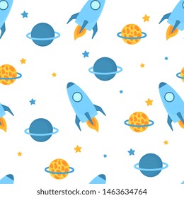 Rockets fly in space with planets and stars seamless pattern