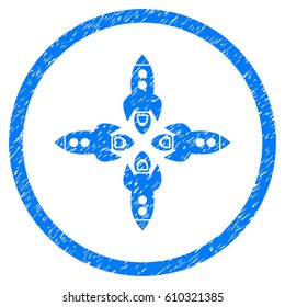 Rockets grainy textured icon inside circle for overlay watermark stamps. Flat symbol with unclean texture. Circled vector blue rubber seal stamp with grunge design.