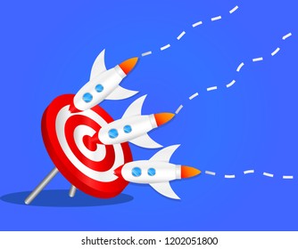 Rockets hit the target, seo, targeting, goal achievement, launching rockets on blue background