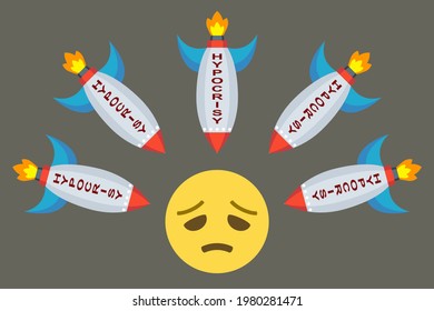 cohetes con texto de hipocresía dirigido contra la cara desilusionada sobre fondo gris,ilustración de vector de concepto
