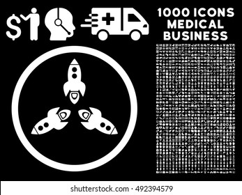 Rockets icon with 1000 medical business white vector design elements. Design style is flat symbols, black background.
