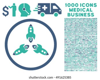 Rockets icon with 1000 medical commercial cobalt and cyan vector pictograms. Clipart style is flat bicolor symbols, white background.