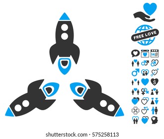 Rockets icon with bonus marriage pictures. Vector illustration style is flat rounded iconic blue and gray symbols on white background.