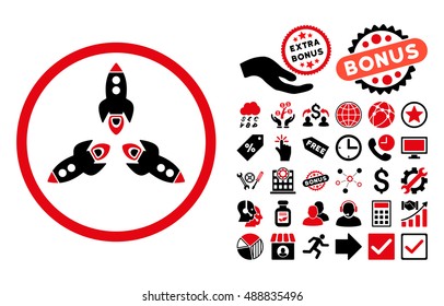 Rockets icon with bonus symbols. Vector illustration style is flat iconic bicolor symbols, intensive red and black colors, white background.