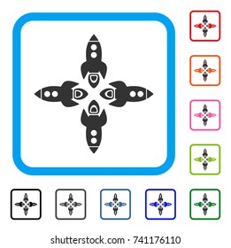 Rockets icon. Flat grey iconic symbol inside a light blue rounded square. Black, gray, green, blue, red, orange color versions of Rockets vector. Designed for web and software user interface.