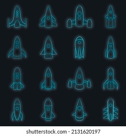 Rockets icons set. Illustration of 16 rockets vector icons neon color on black