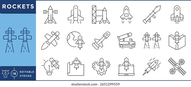 Rockets icons set. Rocket, fly, sky, missile, and many more. Vector editable stroke.