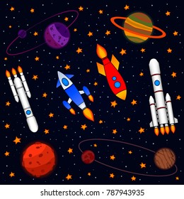 Rockets in interstellar space, painted in color. Planets and satellites, rockets flying into space. Vector illustration. Interstellar travel