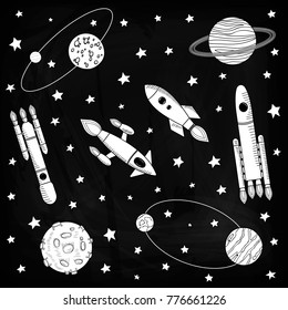 Rockets in interstellar space. Planets and satellites, rockets flying into space. Vector illustration. Template on the theme of space