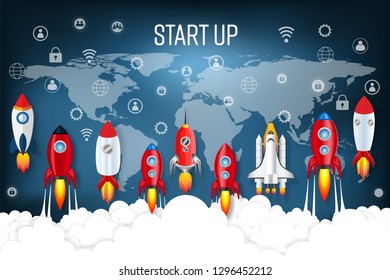 Rockets launch with communication and security icon on the clouds and blue sky as paper art, craft style and business Startup project concept. flat design vector illustration.