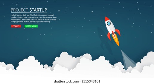 rockets launch into the night sky with text ,label, stars and clouds on background. business or startup concept