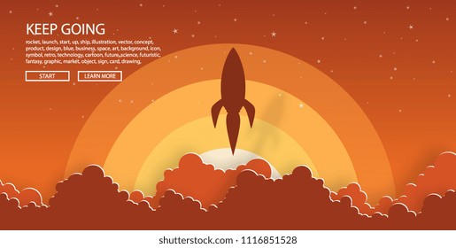 rockets launch into the night sky with text ,label, stars and clouds on background. business or startup concept