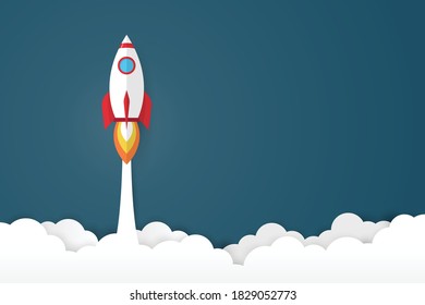 rockets launch into the night sky with stars and clouds on background. copy space for text input. business creative startup concept. vector illustration in flat style modern design.