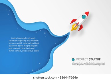 Rockets launch into the sky with text ,label and clouds on white blue background. Presentation background in business or startup concept. Vector illustration art in paper cut design.