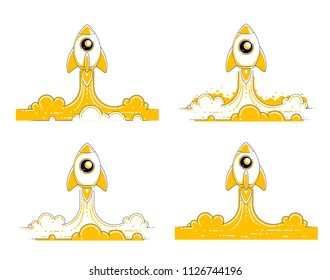Rockets launch into undiscovered space. Explore universe, breathtaking space science. Thin line 3d vector illustrations set isolated on white.