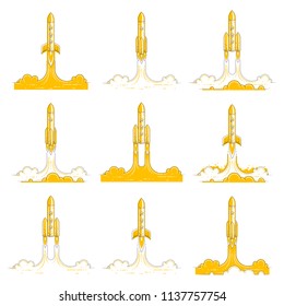 Rockets launch into undiscovered space. Explore universe, breathtaking space science. Thin line 3d vector illustrations set isolated on white.