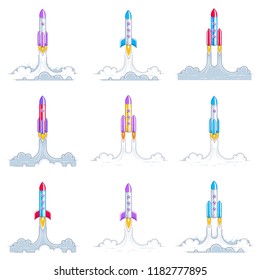 Rockets launch into undiscovered space. Explore universe, breathtaking space science. Thin line 3d vector illustrations set isolated on white.