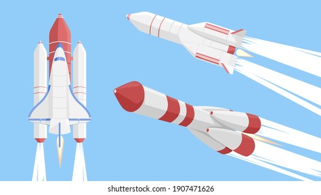 Rockets launch to the moon with blue background and sunlight. Vector, illustration. Rocket pack.