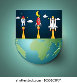 Rockets launch in the night on eco green hemisphere world as nature, saving, earth day, start up and paper art style concept. vector illustration.
