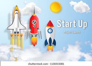 Rockets launch on the clouds and blue sky as paper art, craft style and business Startup project concept. flat design vector illustration.