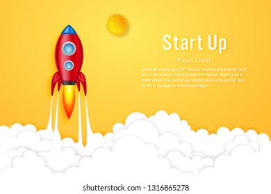 Rockets launch on the clouds and blue sky as paper art, craft style and business Startup project concept. flat design vector illustration.