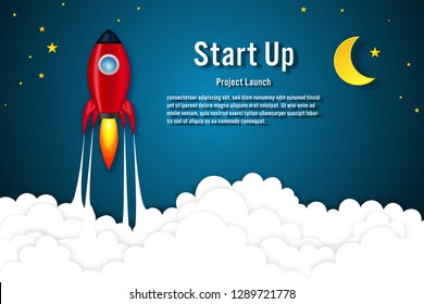 Rockets launch on the clouds in night sky as paper art, craft style and business Startup project concept. flat design vector illustration.