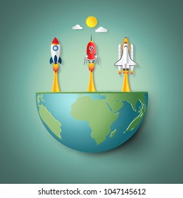 Rockets launch on eco green hemisphere world as nature, saving, earth day, start up and paper art style concept. vector illustration.