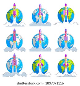 Rockets launch over planet earth into undiscovered space. Explore universe, breathtaking space science. Thin line 3d vector illustrations set isolated on white.