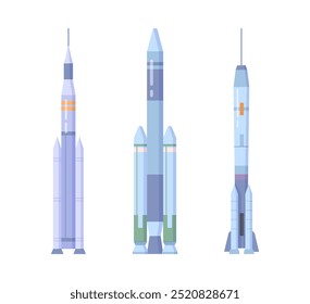 Rockets, launch vehicles. Vector isolated spaceships and propulsion systems. Collection of spacecraft. Starship with different designs. Cosmic ship for missiles expedition of universe