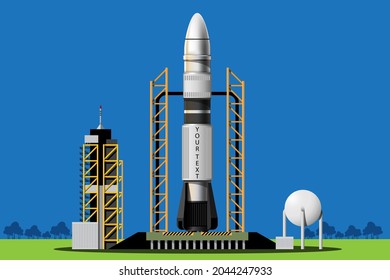 Se lanzan cohetes desde la estación hasta el espacio ultraterrestre. Lanzan el cohete imágenes aisladas. Cohetes de misión espacial con humo en el fondo. Ilustración vectorial en estilo 3D