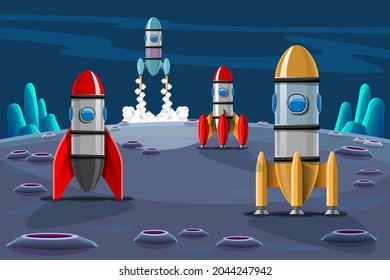 Rockets are launched  from station to outer space. Rocket launch isolated images set. Space mission rockets with smoke on background. Vector illustration in 3D style