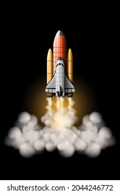 Rockets are launched to take spacecraft to outer space. Rocket launch isolated images set. Space mission rockets with smoke on background. Vector illustration in 3D style