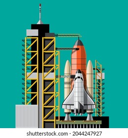 Rockets are launched to take spacecraft to outer space. Rocket launch isolated images set. Space mission rockets with smoke on background. Vector illustration in 3D style