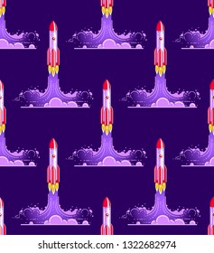 Rockets launches seamless background, science and space theme, business startups concept, vector wallpaper or web site background.